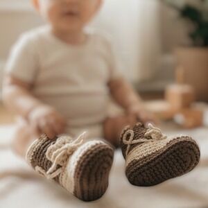 Handmade Crochet Baby Booties Brown Tan Infant Size 4.5" Shoes Winter Boots JP